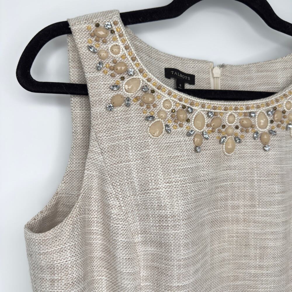 Talbots Beige Tweed Linen Blend Sheath Dress 8 Beaded Embellished Sleeveless - Picture 13 of 16